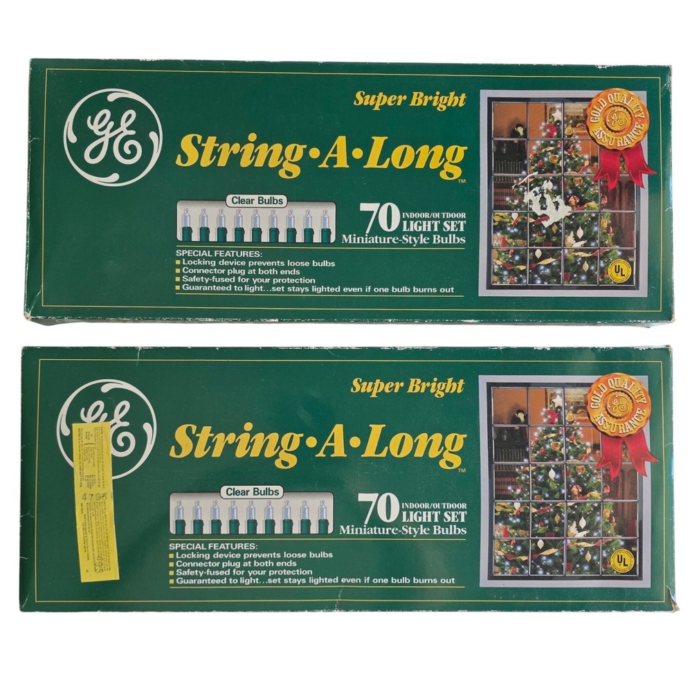 VTG GE String-A-Long Super Bright 70 Light Set Clear Bulbs. 2 Box Lot. New NOS